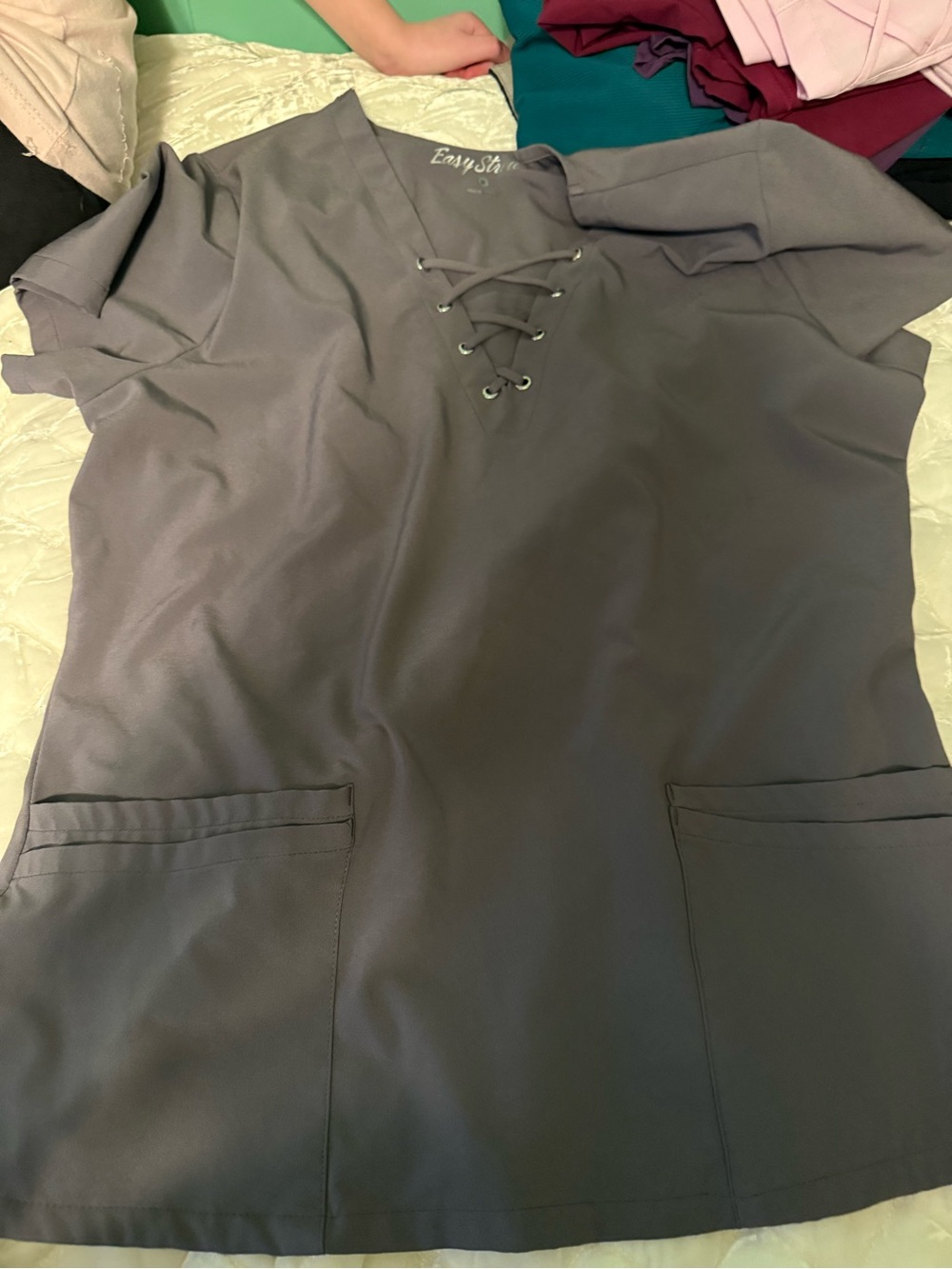 Uniform Advantage Easy Stretch Gray Lace-Up V-Neck Scrub Tunic